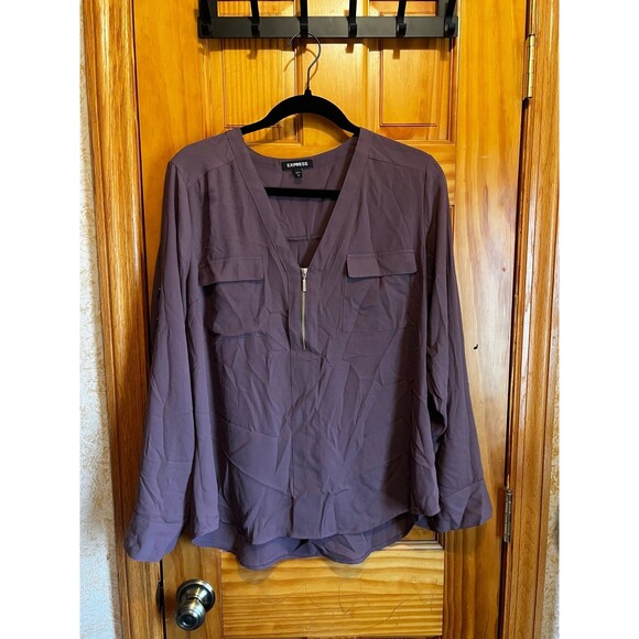 Express Women's Zip Up V Neck Long Sleeve Chiffon Blouse Top - Picture 1 of 4